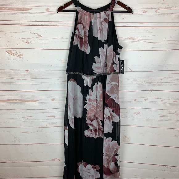 SLNY | Mauve Floral Black Chiffon Maxi Dress